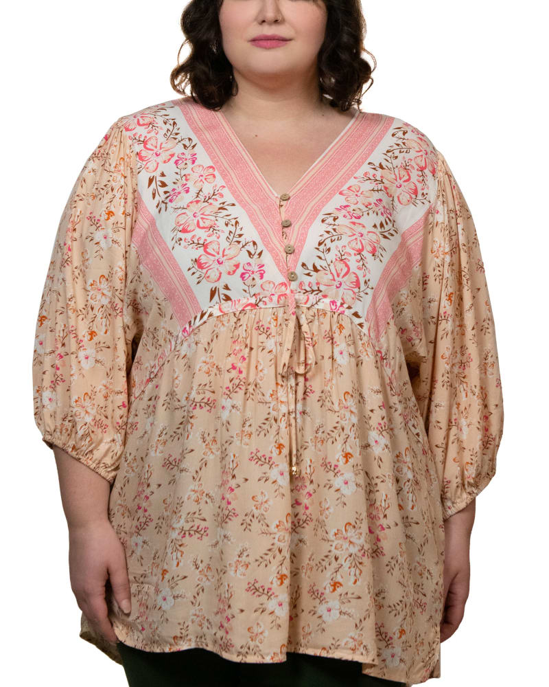 Front of a model wearing a size XL Aubree Tunic Baby Doll Top V-Neck Pink in Pink by ANNICK. | dia_product_style_image_id:294497